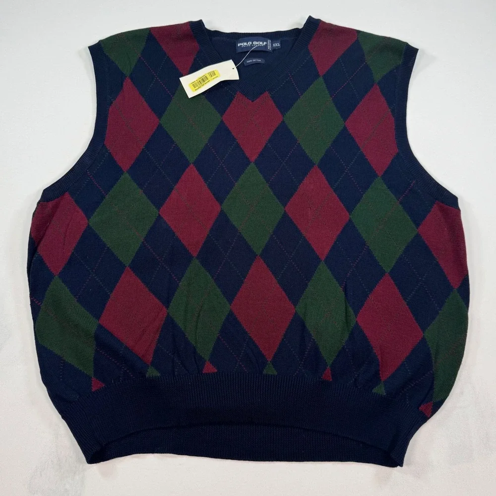 Polo Golf Ralph Lauren Argyle Sweater Vest Mens XXL Navy Blue Green Cotton NWT